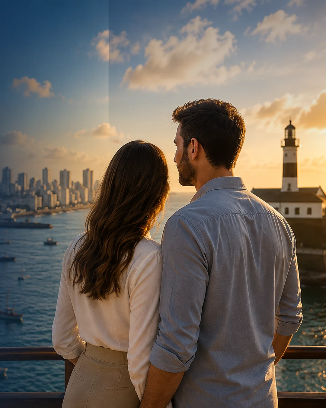 Casal observando o pôr do sol no Farol da Barra, em Salvador